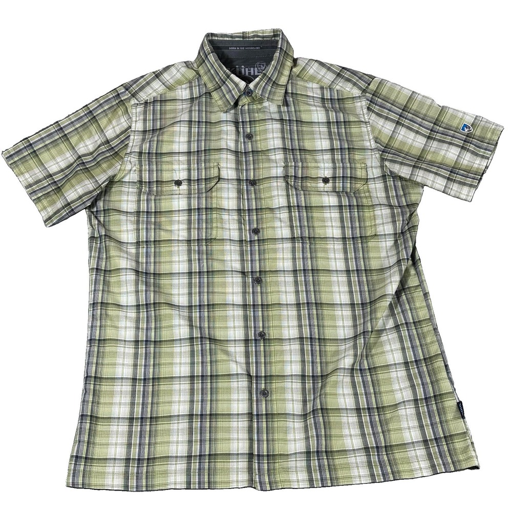Kuhl Shirt Mens Small Green Eluxur Button Up Lightweight Hiking 2 Pockets Plaid